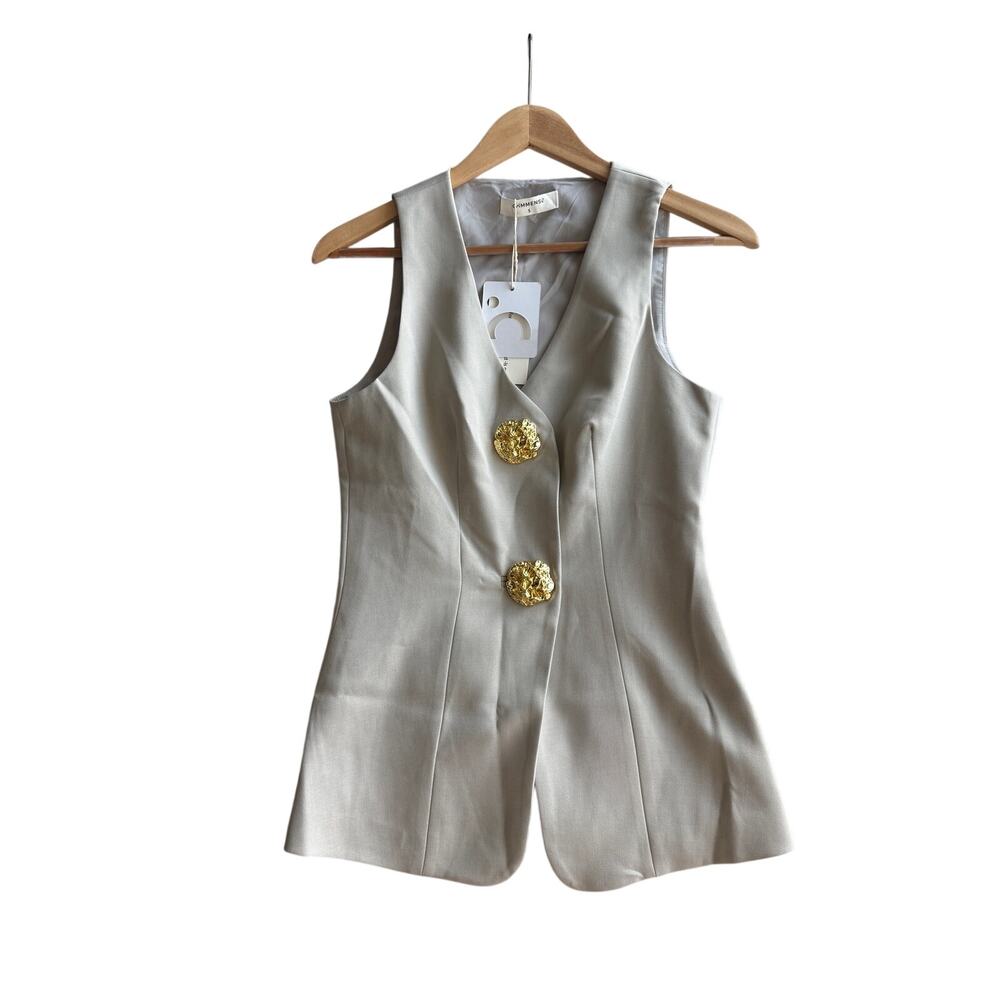 COMMENSE Longline Vest Size S NWT Sand Beige Gold Sculptural Button Waistcoat